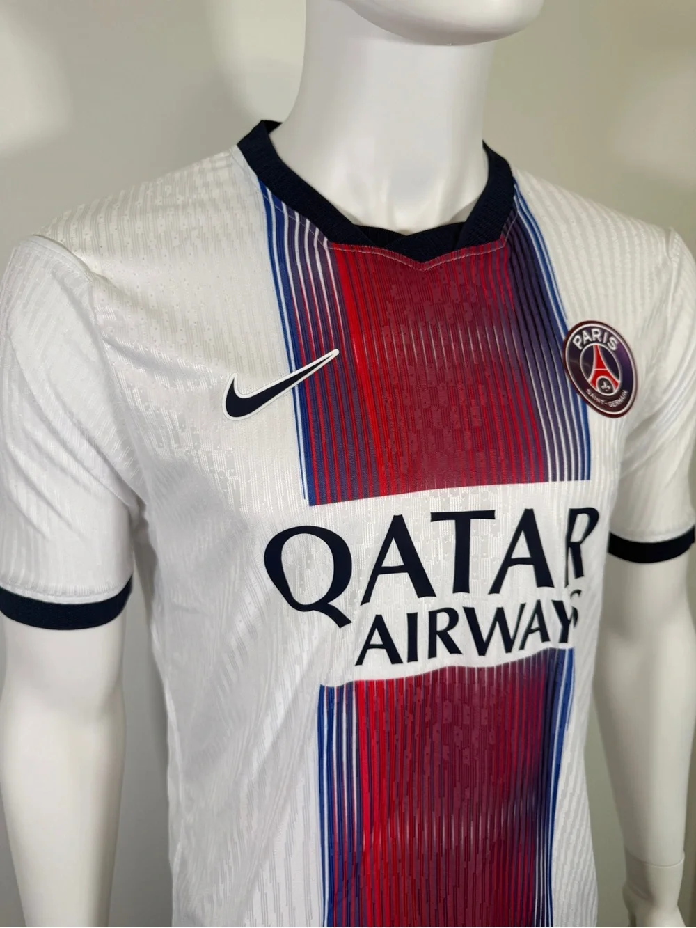 Nike PSG White Red and Blue Vertical Stripe Men's Football Jersey